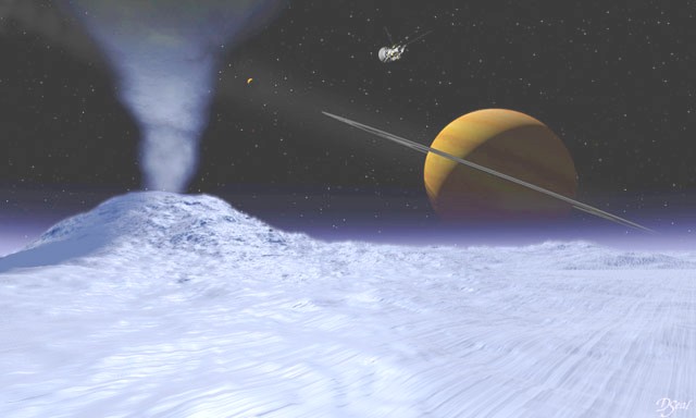 Rappresentazione artistica del pennacchio e della superficie di Encelado, sullo sfondo ci sono anche la sonda Cassini e Saturno