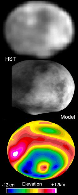 Immagine di Vesta presa dall'HST, nodello 3D e altimetrico ricavato dall'immagine