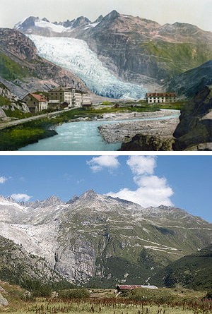 Il ghiacciaio del Rodano nel 1809 e nel 2004.