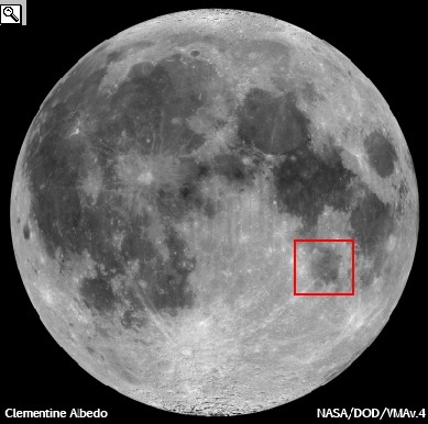 Fotografia prese dalla sonda Clementine della faccia visibile della Luna con evidenziata la posizione del Mare Nectaris e foto dell'Apollo 16 con in primo piano il Mare Fecunditatis e in alto il Mare Nectaris