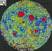 Anomalie gravitazionali nelle due facce lunari, a destra quella nascosta; i mascons sono le zone in rosso