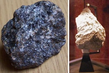 A sinistra un campione d'Ilmenite, a destra l'Anortesite raccolto dall'Apollo 16 vicino al cratere Decartes