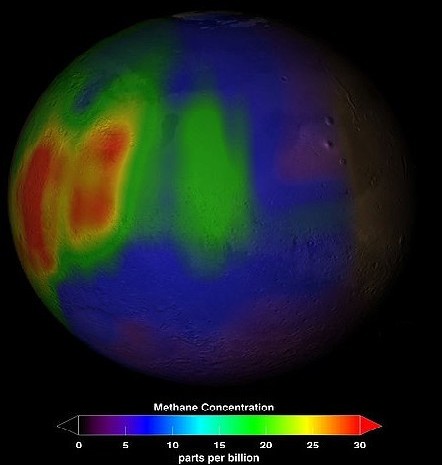 Le concentrazioni di metano rilevate dalla Mars Express.