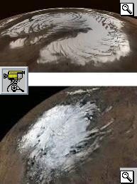 Foto dei due poli marziani, sopra il Polo Nord, sotto il Polo Sud, e animazione ottenuta assemblando le foto prese dalla sonda Mars Global Surveyor.