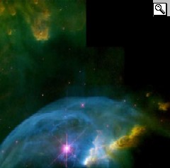 La Nebulosa Bolla, nella costellazione Cassiopea (6 anni luce da noi); la bolla  causata dallo scontro tra la materia in quiete della nebulosa e il vento stellare a 2000 km/s prodotto dalla stella centrale (40 volte il Sole).