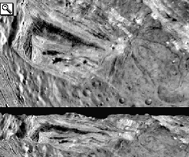 Il Polo Sud di Miranda visto dall'alto e in proiezione 3D