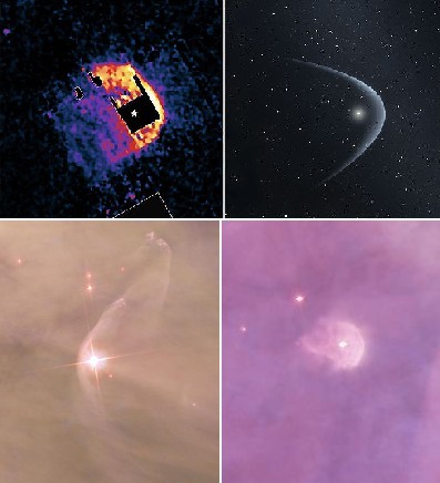 Sopra immagine del telescopio Spitzer del bow shok della stella R Hydrae e sua riproduzione artistica; sotto due immagini di eliosheath e bow shok nella Nebulosa di Orione