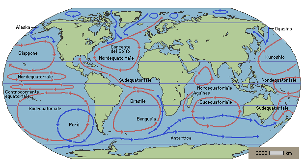 La carta di tutte le correnti calde e fredde presenti nei vari oceani terrestri