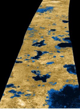 Immagine radar in falsi colori presa dalla Cassini nel 2006 dove si vedono i laghi di metano liquido 