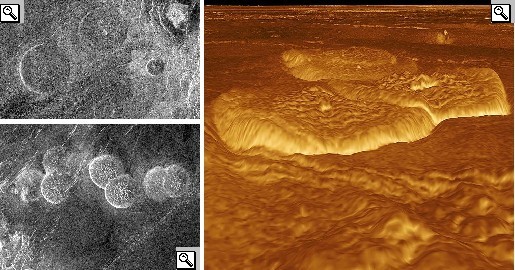 Foto e simulazione 3D di tre farrae situate nell'Eisla Regio e nell'Alpha Regio