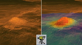 Immagini e filmato del vulcano Monte Idunn, uno dei 3 vulcani che sembrano ancora attivi; a sinistra una immagine della sonda MESSENGER, a destra l'immagine termica ottenuta con lo strumento VIRTIS della Venus Express nel 2010
