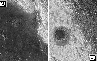Foto ddello Skadi Mons, nei Monti Maxwell, con la Fortuna Tessera a sinistra e del Cratere Cleopatra a destra