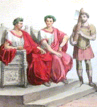 I pretori in seduta affiancati da un littore