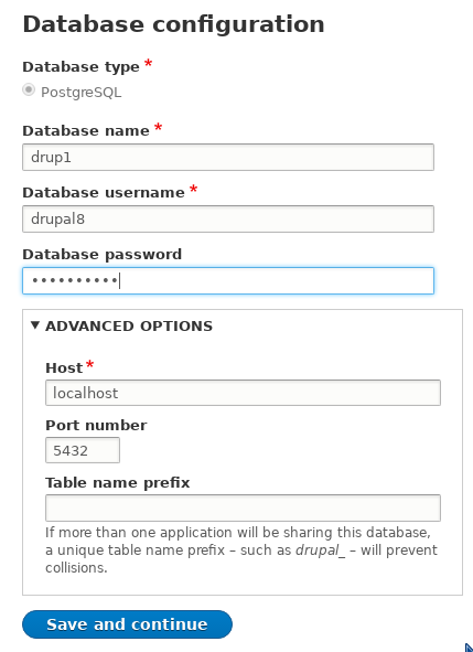 Drupal install: database config.